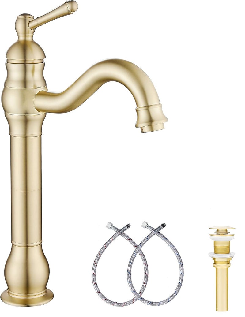 GGStudy 360 Swivel Single-Handle One Hole Vessel Sink Faucet with Matching Pop Up Drain - Brushed Gold Farmhouse Bathroom Vanity Faucet - Image 1
